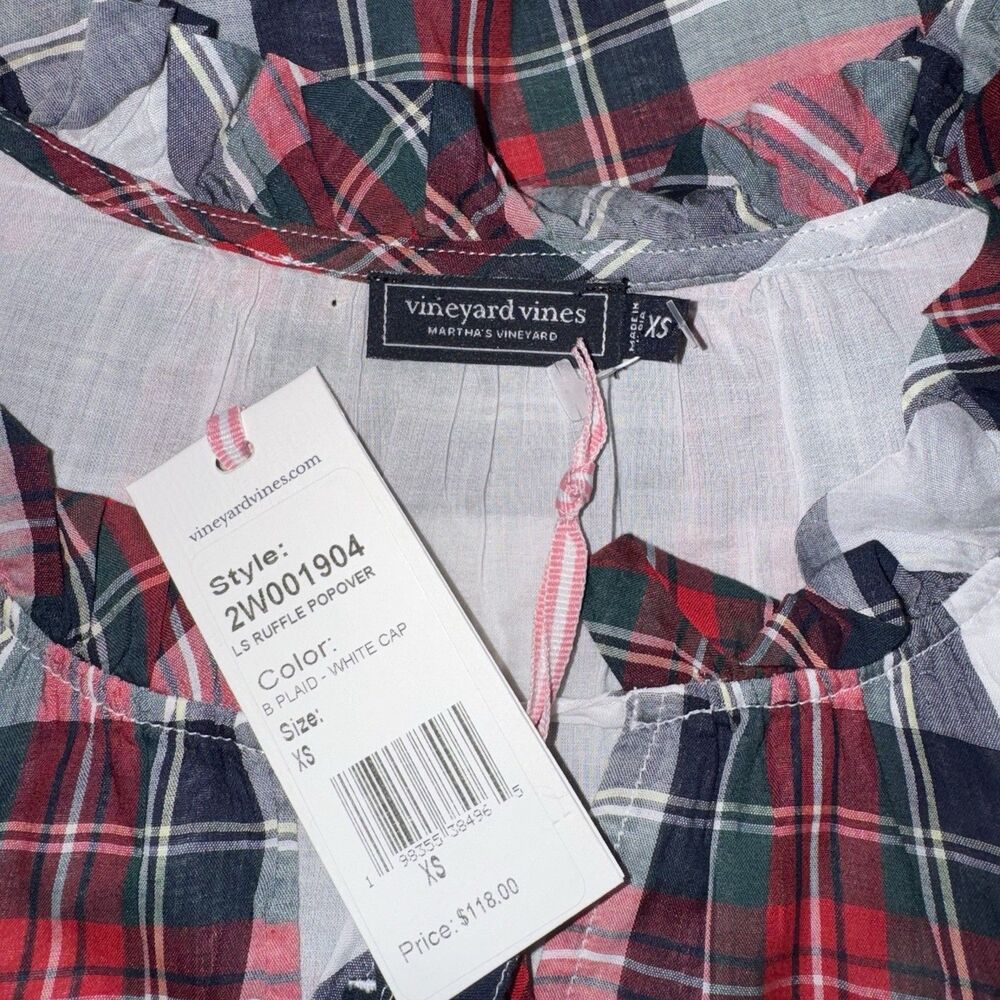 Vineyard Vines Blackwatch Ruffle Popover Woven Plaid Top Size XS NWT Red Blue - Picture 10 of 12